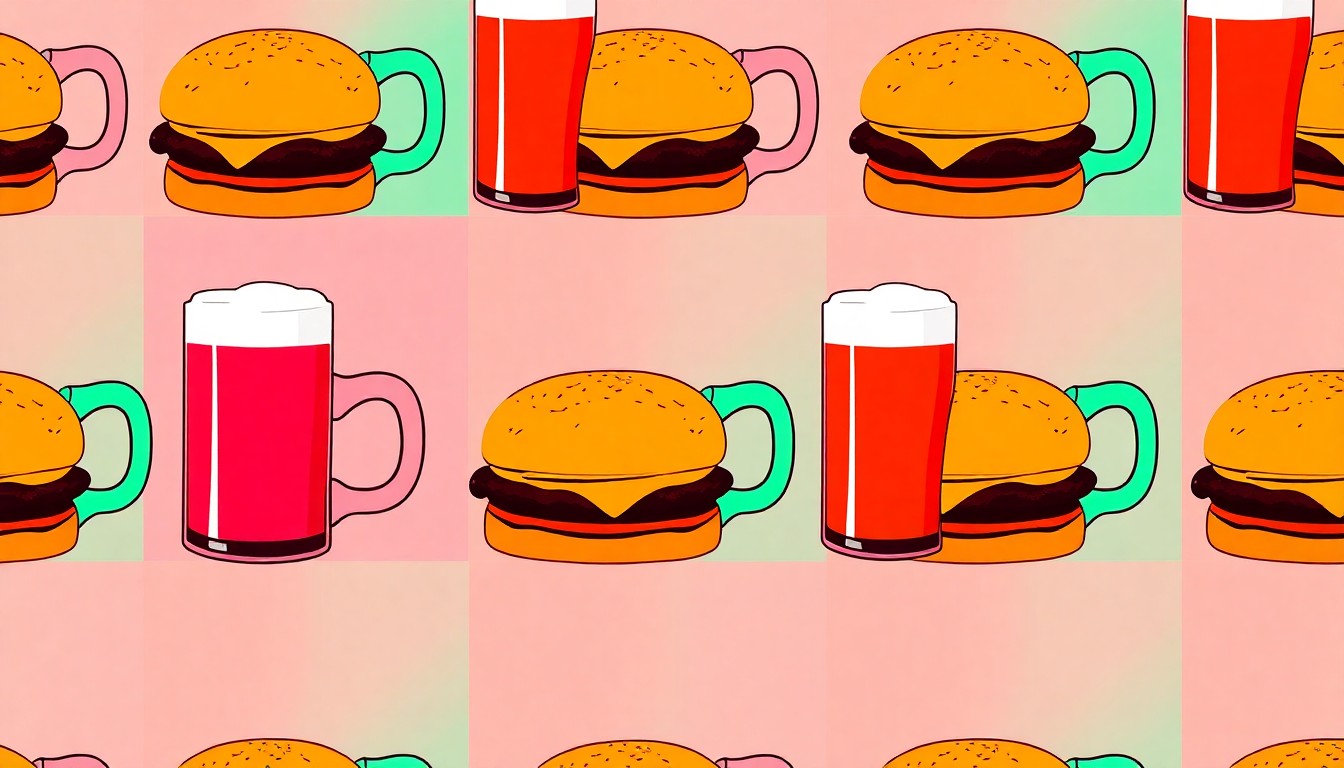 A vibrant, high-contrast silkscreen print featuring a cheeseburger and beer mug repeated in a grid pattern, capturing the lively and indulgent atmosphere of a Wisconsin sports bar.