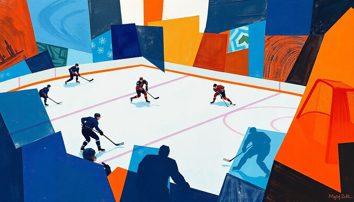 A cubist, geometric painting depicting the chaotic action of a hockey game, with overlapping planes of ice, sticks, and silhouetted players in shades of blue, orange, and white.
