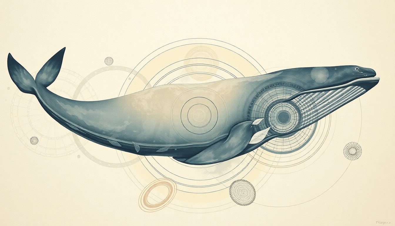 A highly textured abstract painting in earthy tones, featuring sweeping geometric shapes and precise botanical spirals, conceptually representing the complex migratory patterns and feeding challenges of the gray whale.