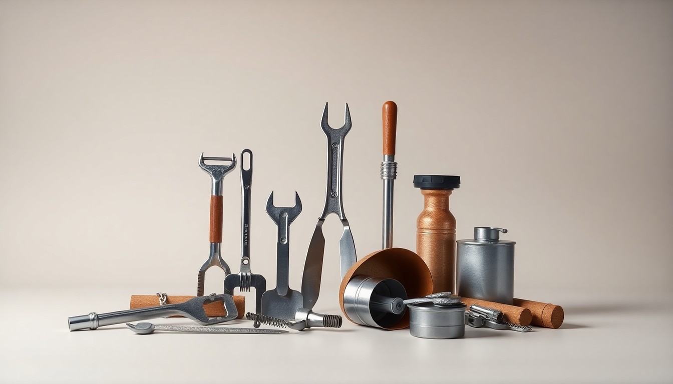 A high-end studio still life photograph featuring a set of polished metal tools and construction materials arranged elegantly on a clean, monochromatic background, conceptually representing the airport access road reconstruction project.