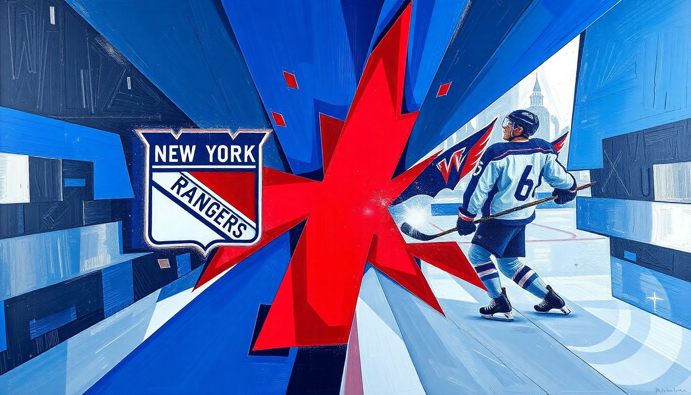 A cubist, geometric painting depicting a hockey game in motion, with players and the puck fragmented into sharp, overlapping shapes in a bold color scheme, conveying the dynamic energy of the Rangers' recent success.