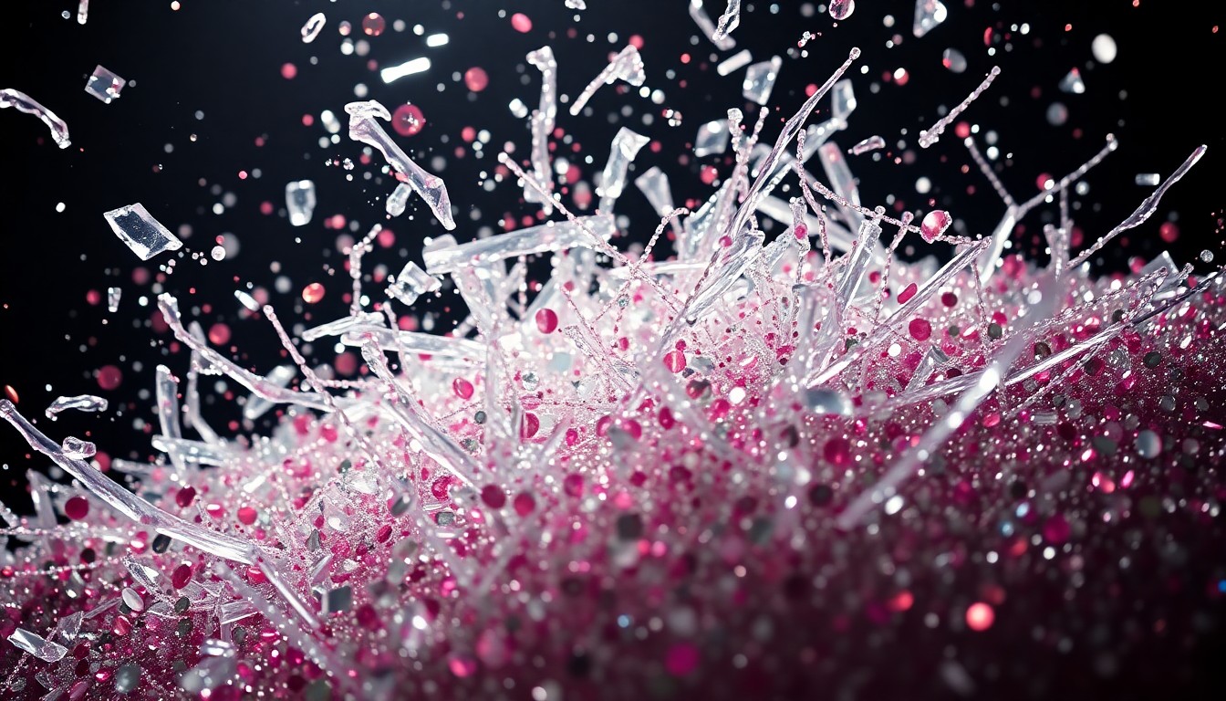 An abstract close-up photograph featuring shattered glass and glittering sequins in high-contrast lighting, conveying the luxurious yet chaotic energy of Sabrina Carpenter's latest music video.