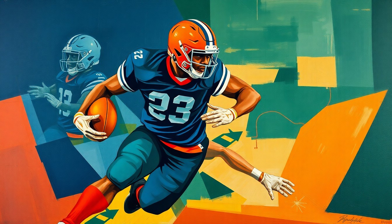 A fragmented, cubist-style painting depicting a football player in motion, their body and limbs broken down into sharp, angular geometric shapes in shades of navy, orange, and green, conveying the raw power and dynamism of an elite pass rusher.