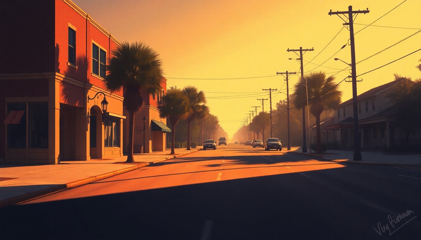 A serene, cinematic painting of an empty street in Apopka, Florida, with warm sunlight and deep shadows casting a nostalgic, contemplative mood.