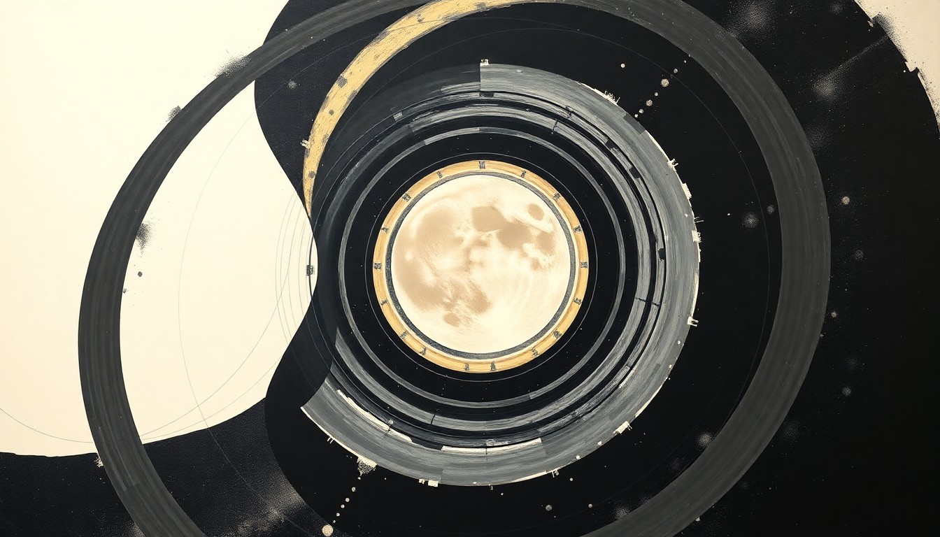 A bold, abstract painting in soft blues, greens, and grays, depicting the Artemis II spacecraft's elliptical orbit around the moon through sweeping geometric arcs and concentric circles, conveying the structural order and precision of the mission.