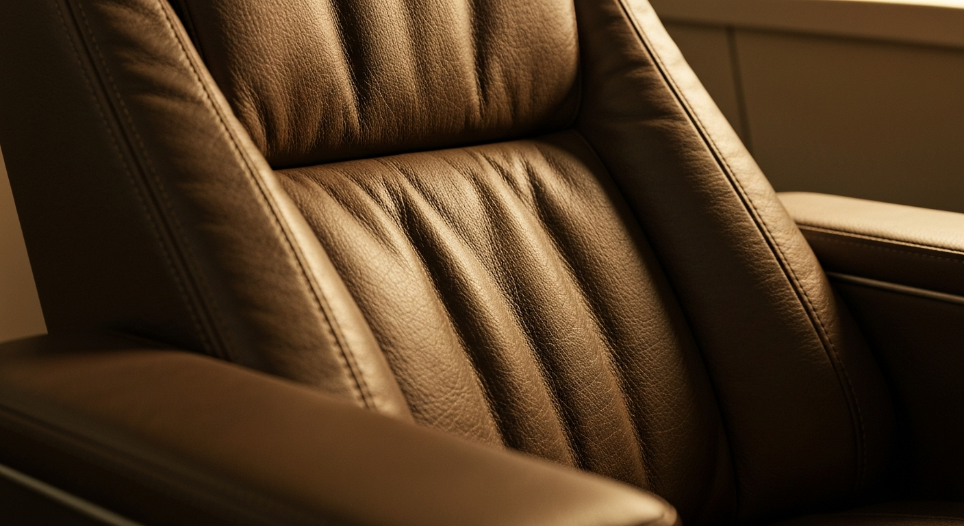An extreme close-up of the rich, pebbled texture of a leather chair cushion in the Final Approach Lounge, conveying the high-quality materials and attention to detail in the new pilot facility.