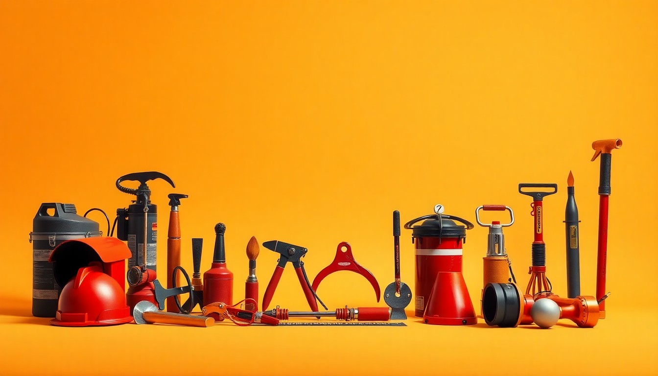A high-end, photorealistic studio still-life photograph featuring a collection of premium fire safety equipment and tools arranged elegantly on a clean, monochromatic seamless background, conceptually representing the strategic expansion of a fire safety company.