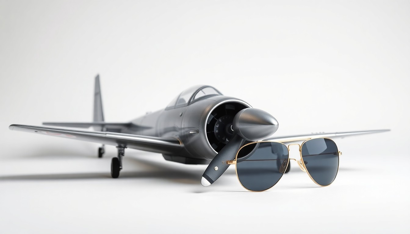 A photorealistic studio still-life featuring a silver model airplane propeller and a pair of aviator sunglasses, symbolizing the precision and technology of modern military aviation.