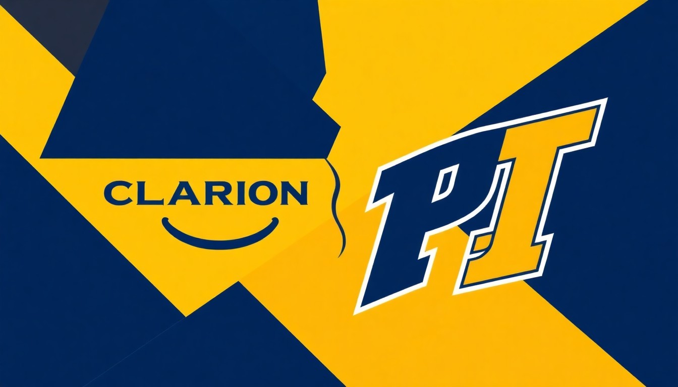 An abstract painting featuring overlapping angular shapes and planes in navy blue, gold, and blue tones, conceptually representing the intense competition between two college softball teams.