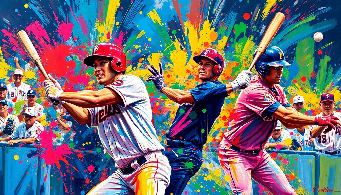 An abstract, expressionist painting featuring vibrant neon brushstrokes and splatters of color, capturing the dynamic energy and movement of a baseball game without any recognizable players or details.
