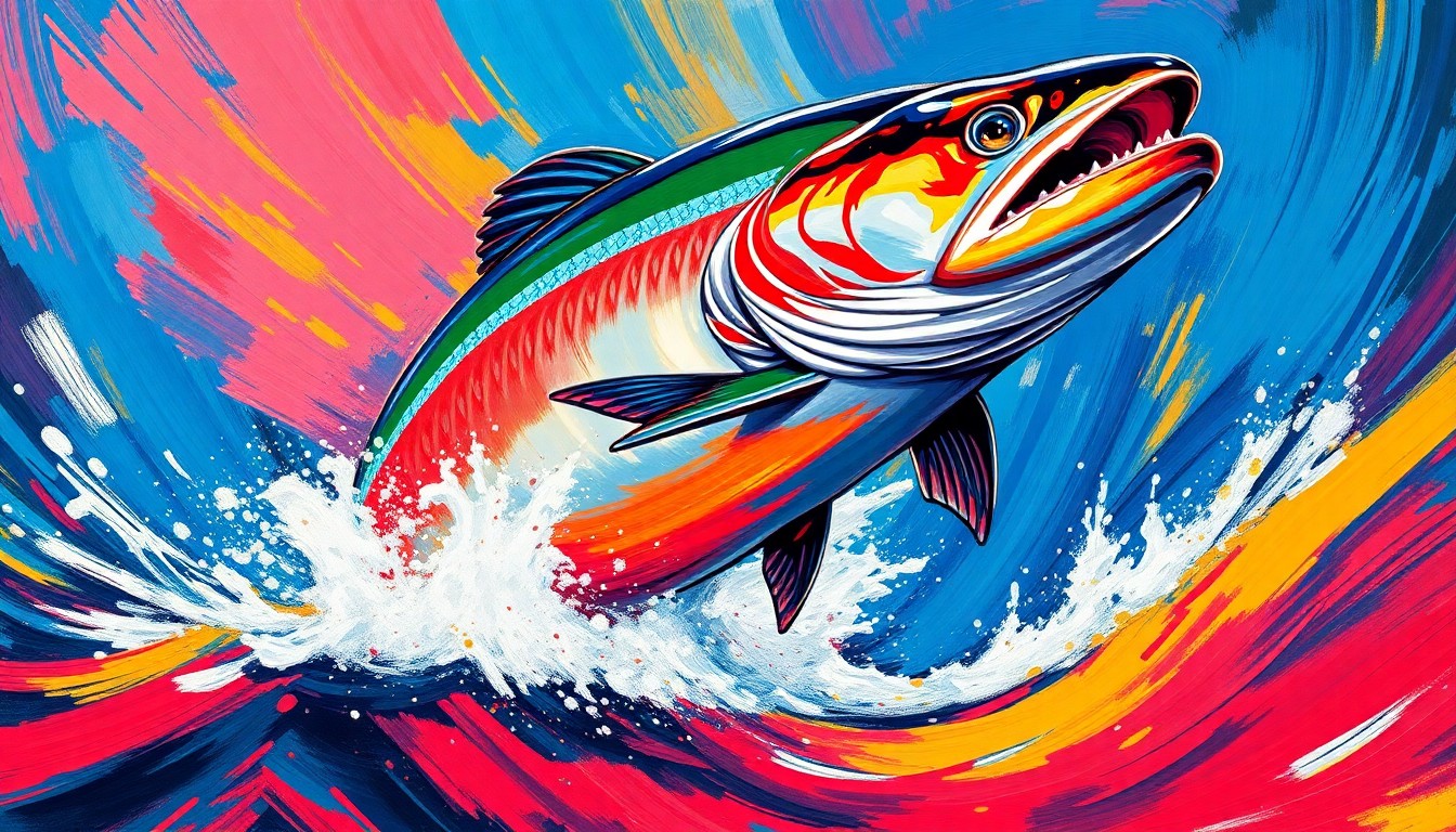 A highly textured, vibrant painting in neon colors depicting the powerful, leaping motion of a large king salmon, conveying the raw energy and excitement of the annual fishing competition.