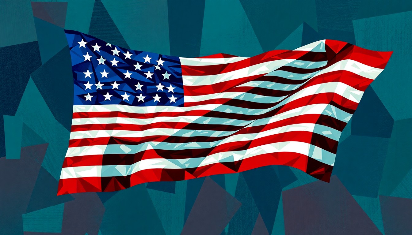 A dynamic, abstract painting in shades of blue, green, and red depicting a stylized American flag waving in the wind, conveying the fractured and overlapping nature of the Christian nationalist movement's impact on Indiana's political landscape.