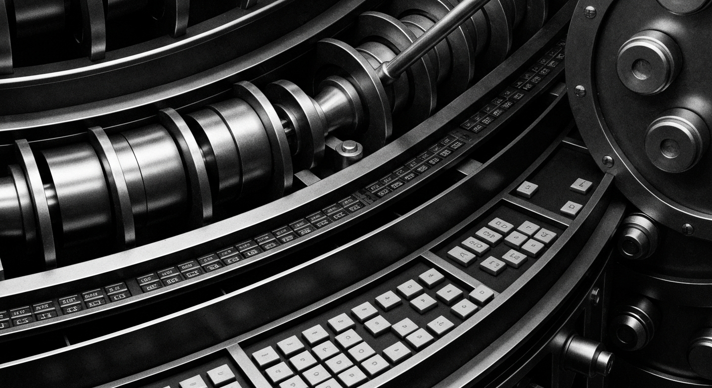 A close-up, high-contrast image of a complex financial mechanism, such as a stock ticker or trading terminal, conveying a sense of power and stability in the financial system.