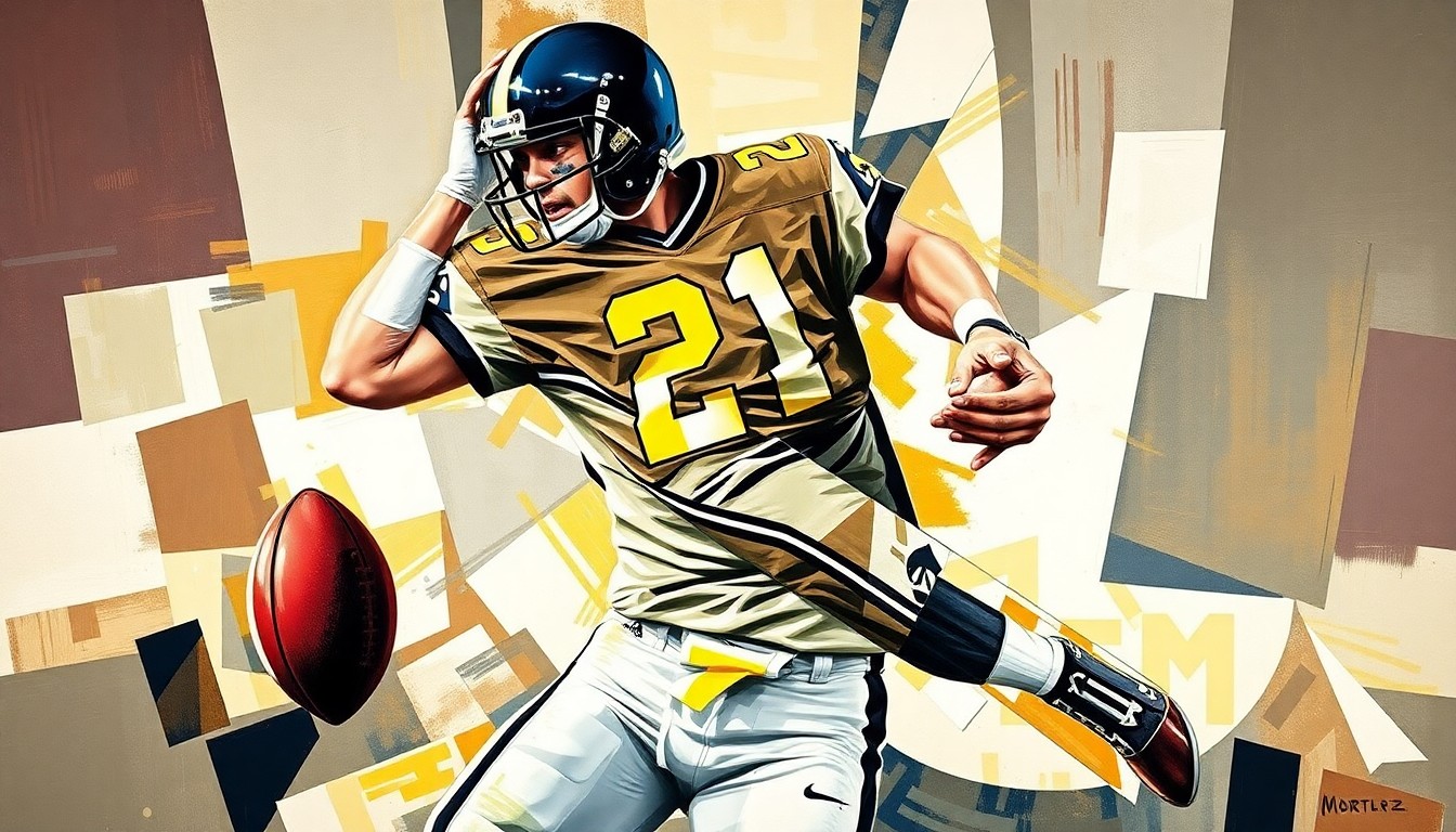 A fractured, geometric painting depicting a football player in mid-action, with sharp, overlapping planes of color and form representing the complex nature of evaluating top draft prospects.