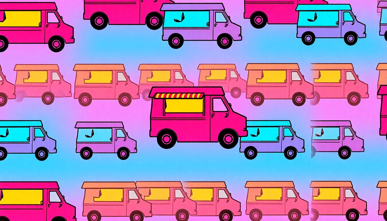 A vibrant, abstract silkscreen print featuring a repeated icon of a food truck in a grid of neon colors, conceptually representing the energy and variety of a community food truck event.