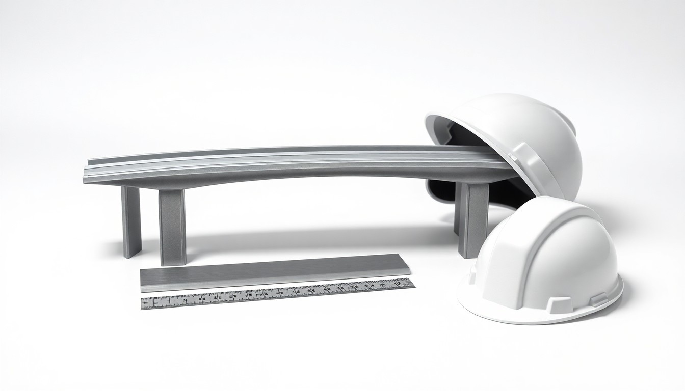 A photorealistic studio still life featuring a miniature model of a highway overpass, a ruler, and a hardhat arranged elegantly on a clean white background, conveying the precision and expertise involved in transportation engineering.