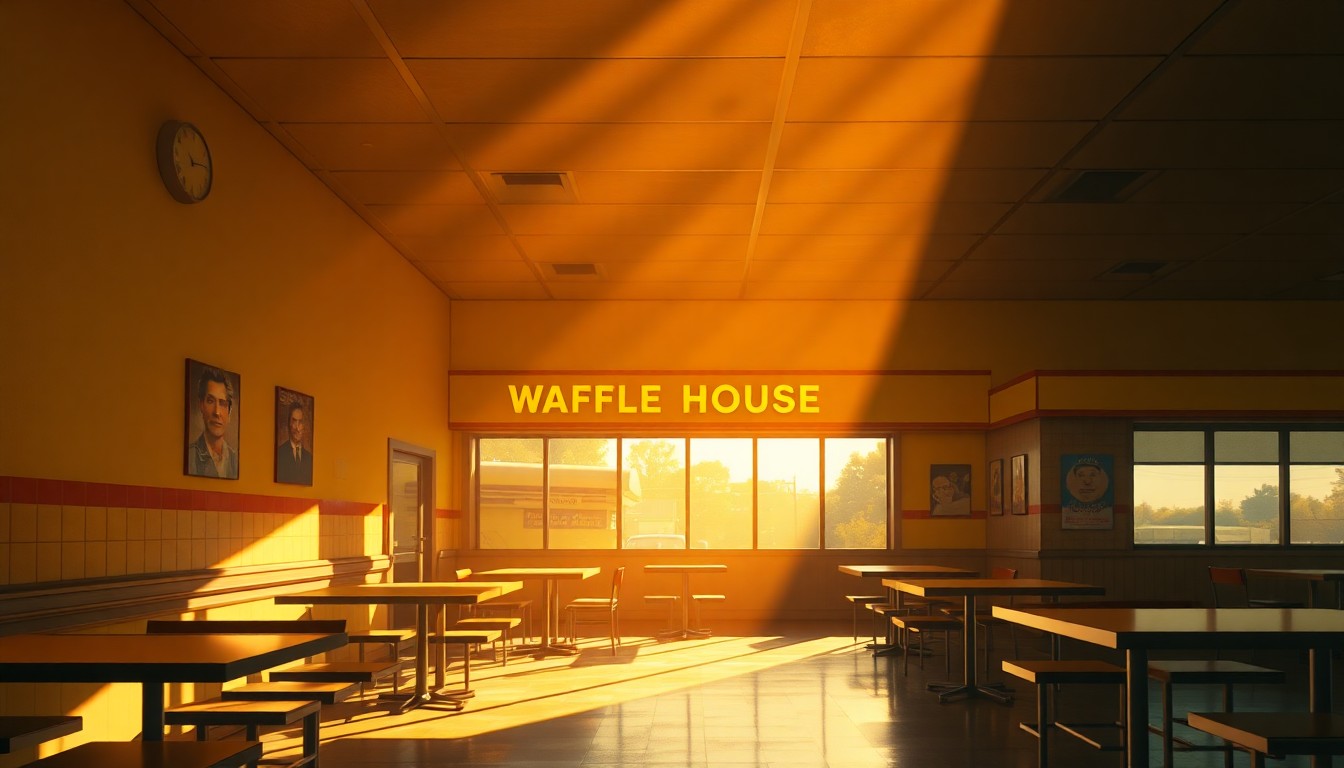 A serene, photorealistic painting of an empty Waffle House restaurant interior, with warm lighting and deep shadows creating a contemplative mood, conceptually representing the skepticism surrounding an unsubstantiated government claim.