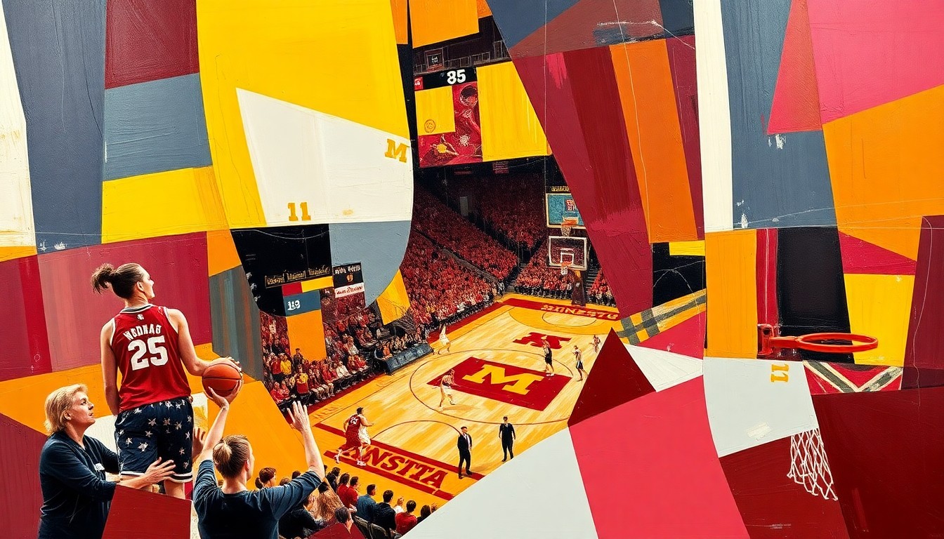 A cubist, geometric painting depicting the dynamic action of a women's basketball game, with sharp planes of maroon and gold representing the University of Minnesota colors.