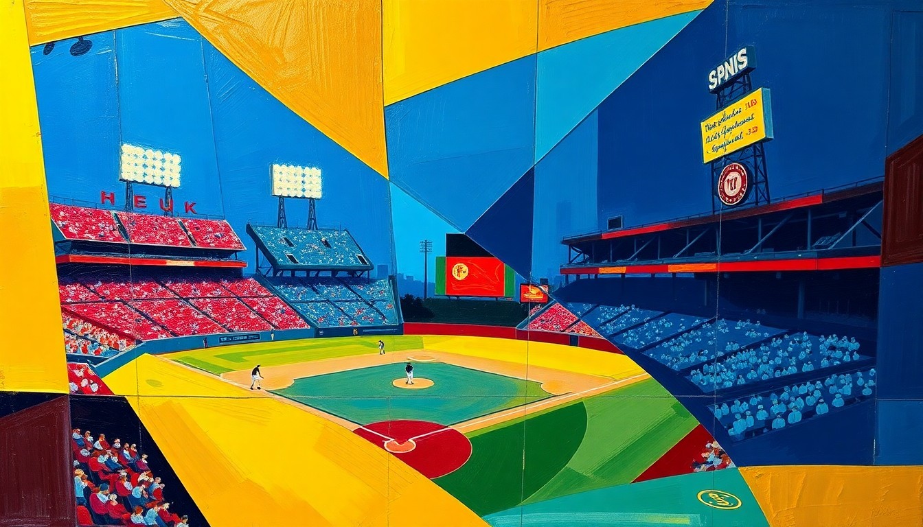 A fragmented, abstract painting depicting a baseball game, with the players and field broken down into sharp, overlapping geometric shapes in a vibrant color palette of navy, red, and gold.