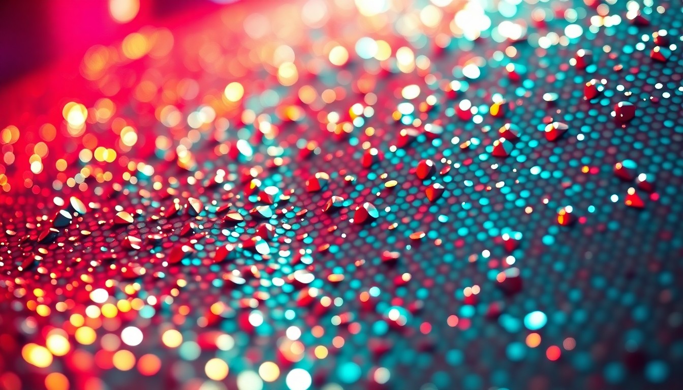 An abstract close-up photograph showcasing the luxurious, glittering textures of sequins and metallic materials, capturing the glamorous, high-energy mood of a summer concert.