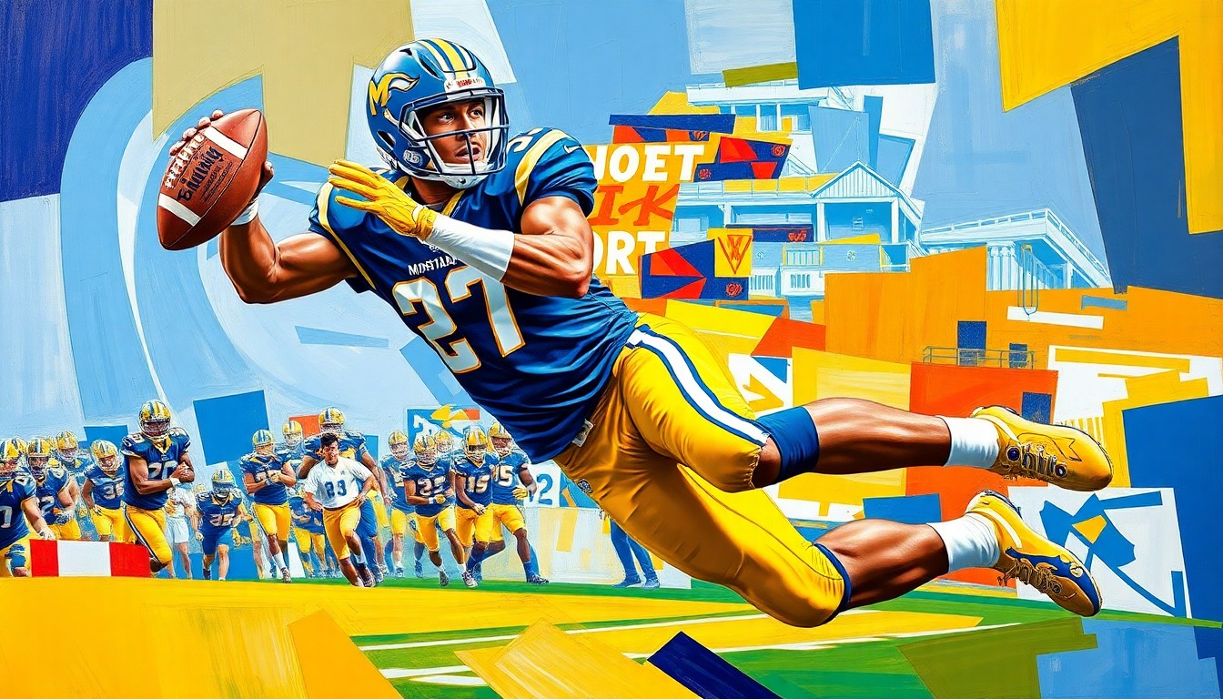 A cubist-style painting depicting a football player making a catch, with the player's body broken down into sharp, overlapping geometric shapes in the colors of Montana State's uniforms.