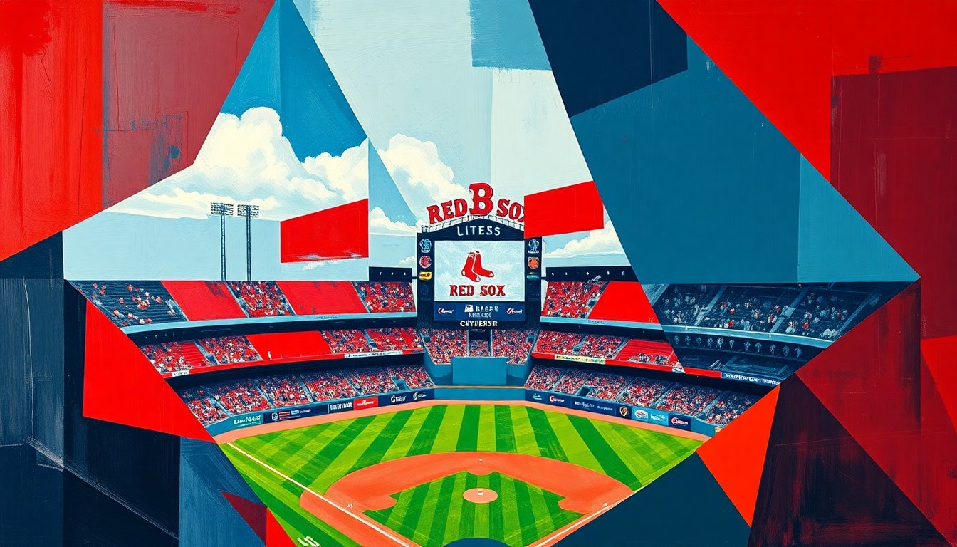 A cubist-style painting featuring sharp, overlapping geometric planes in the Red Sox's red and navy blue colors, conceptually representing the team's early-season troubles.
