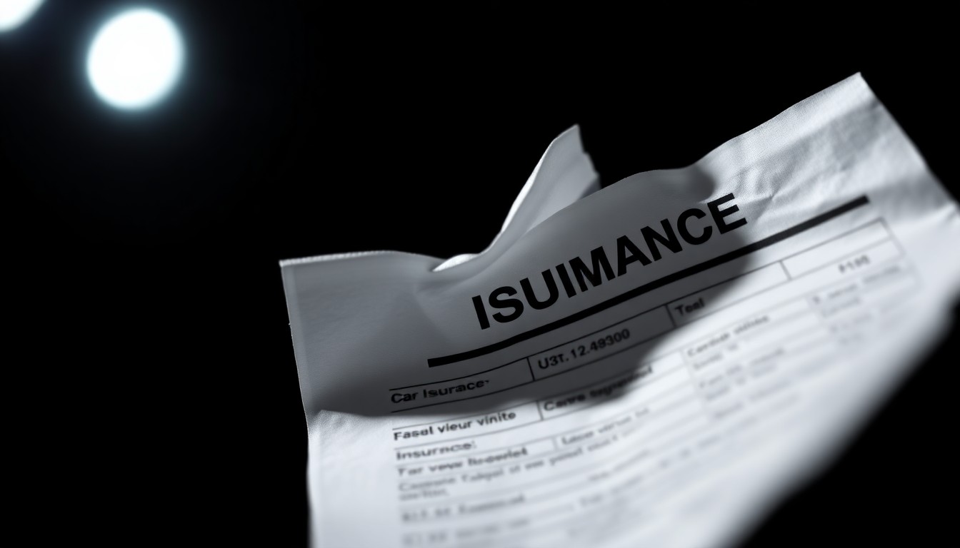 An extreme close-up photograph of a crumpled car insurance card or medical bill, lit by a harsh flash against a black background, conceptually representing the impact of insurance fraud on consumer costs.