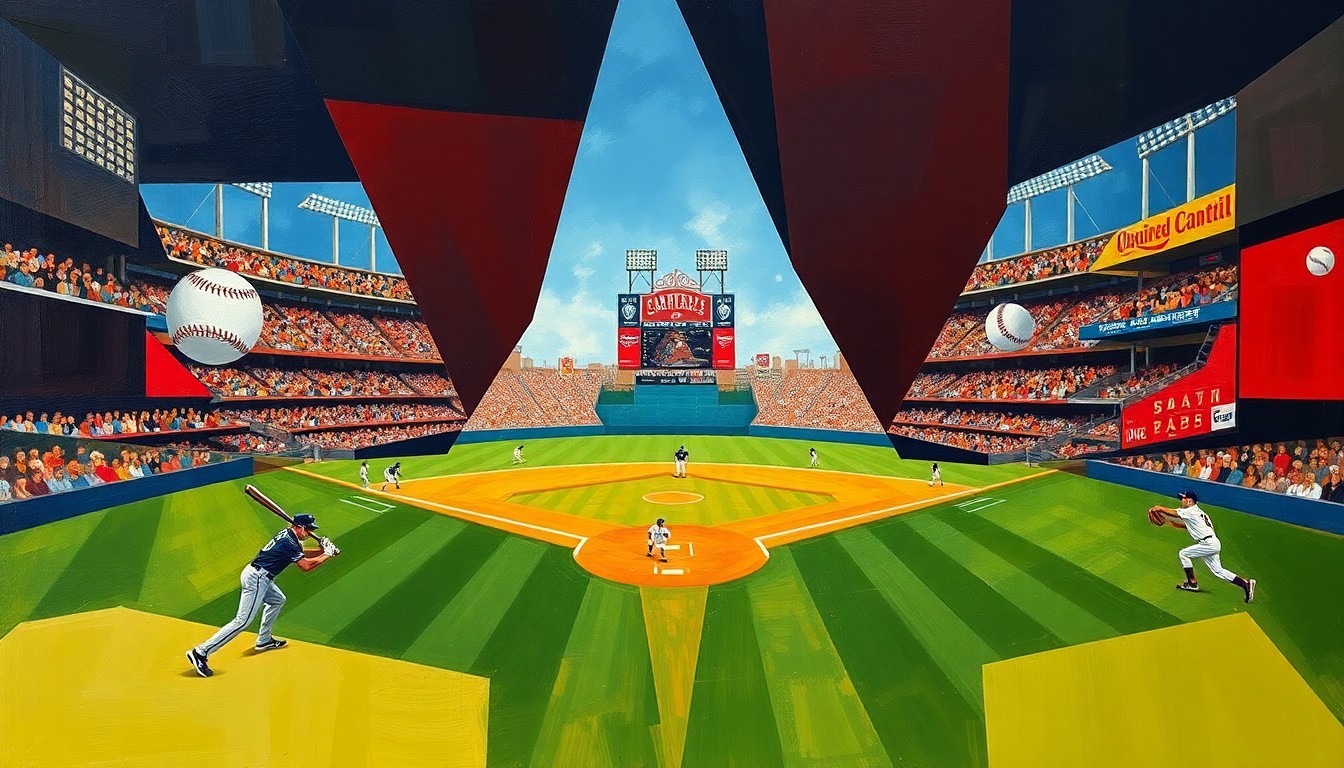 A fragmented, geometric painting depicting the various elements of a baseball game - players, baseballs, and stadium features - in a cubist style using shades of navy, crimson, and goldenrod, conceptually representing the dynamic nature of the sport and the Guardians' decision to change their game time.
