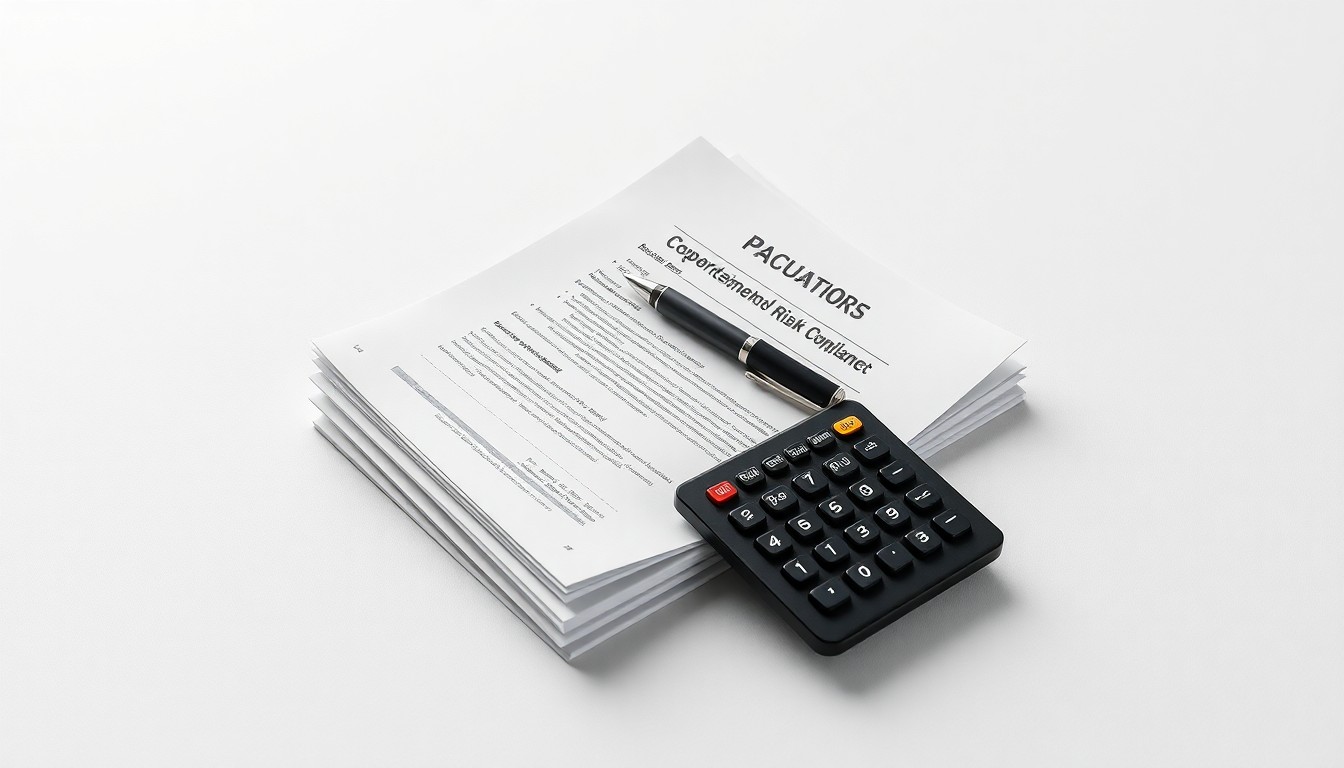 A minimalist studio still life photograph featuring a stack of financial documents, a calculator, and a pen arranged on a clean, monochromatic background, symbolizing the importance of proper financial management and compliance in the restaurant industry.