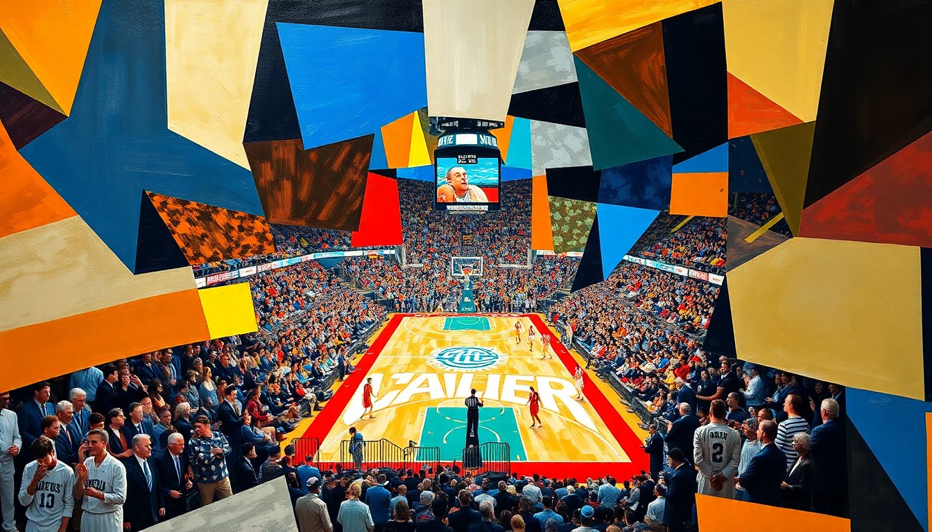 A fragmented, cubist-style painting depicting a college basketball championship game, with the players, court, and crowd broken down into sharp, overlapping geometric shapes and planes of bright, contrasting colors.