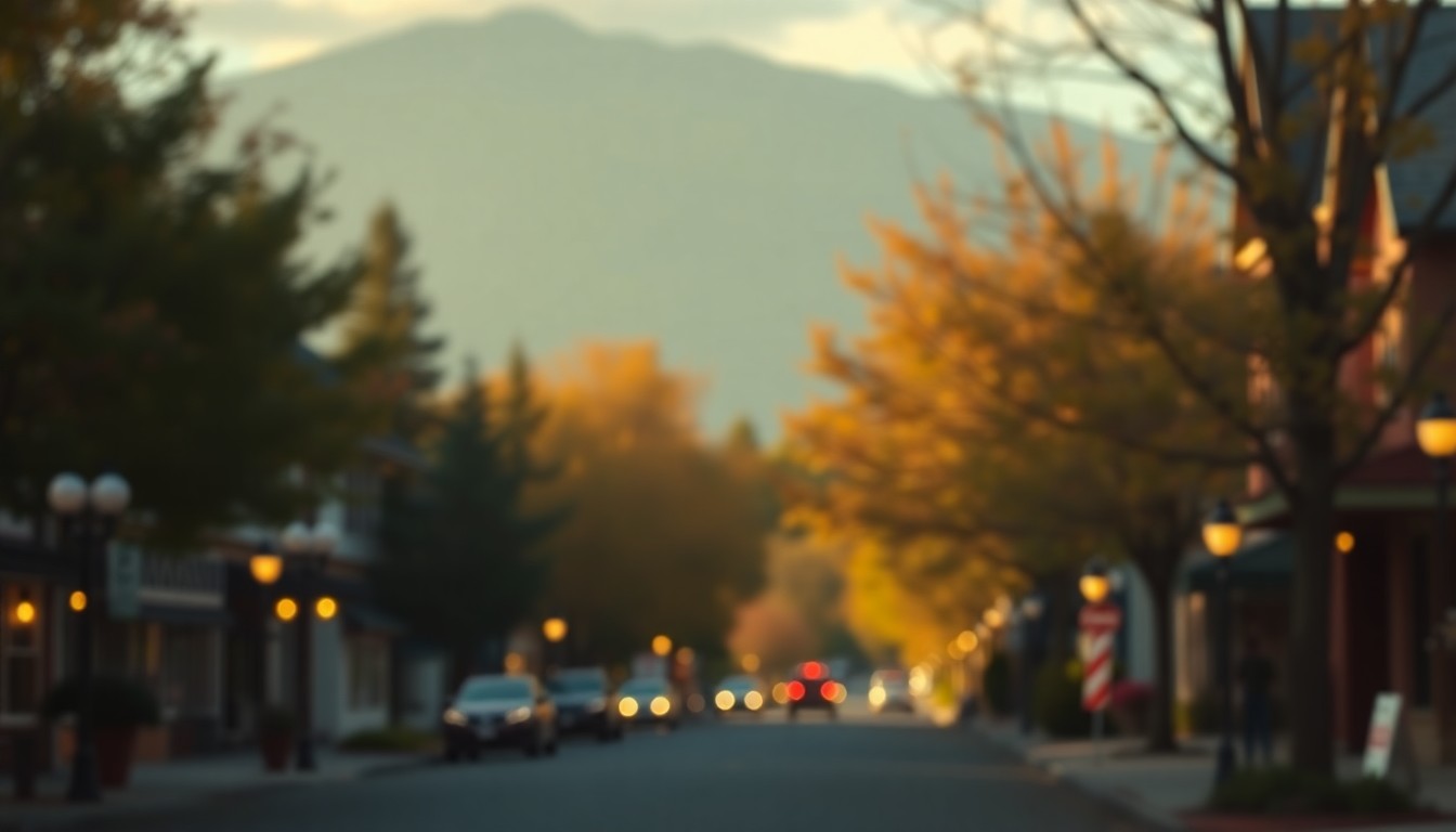 An abstract, out-of-focus photograph featuring soft, warm pools of light and color, conceptually representing the quaint, welcoming atmosphere of the small town of Sedro-Woolley, Washington.