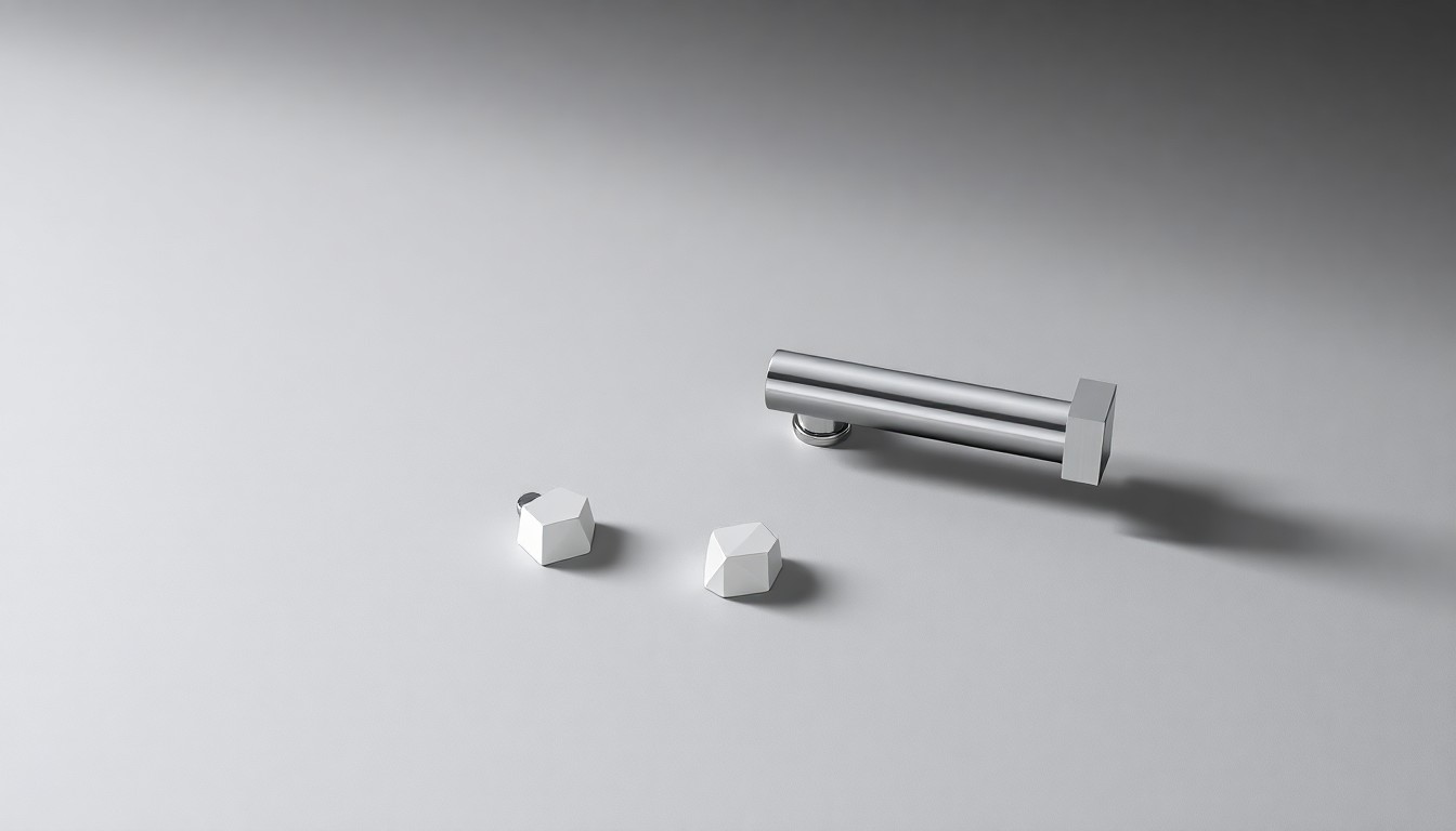 A high-end, photorealistic studio still-life photograph featuring a polished, geometric glass shower door handle and hinges arranged elegantly on a clean, monochromatic background, conceptually representing the precision and craftsmanship of MY Shower Door's products.