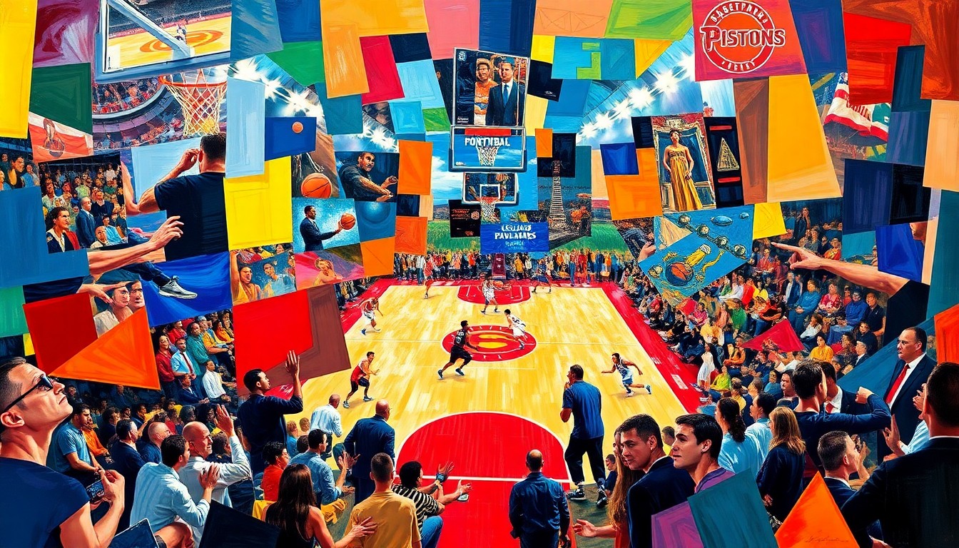 A fragmented, geometric painting depicting the dynamic movements and energy of a basketball game, using the team colors of the Detroit Pistons and Cleveland Cavaliers to represent the featured players.