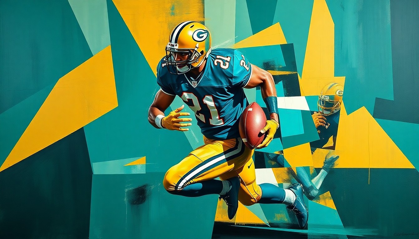 A cubist, geometric painting depicting a football player in mid-rush, with sharp, overlapping planes of teal, gold, and black, conceptually representing the Jaguars' need to build depth around their star defensive end Travon Walker.