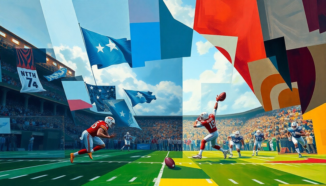 A fragmented, geometric painting depicting the dynamic movements and competitive energy of a flag football game, with players and the field broken down into sharp, overlapping shapes and planes.