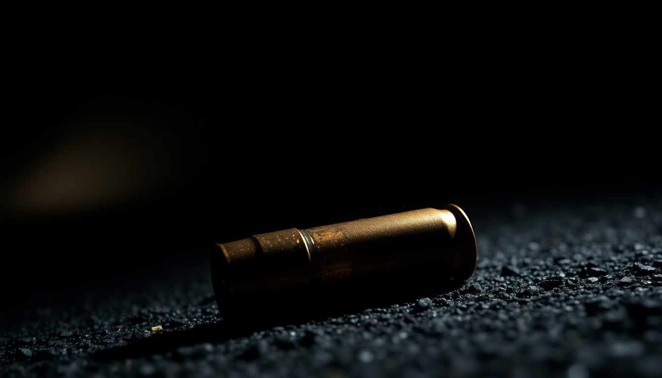 An extreme close-up photograph of a single spent shell casing on asphalt, conveying a stark, gritty, investigative aesthetic through dramatic lighting and a pitch-black background.