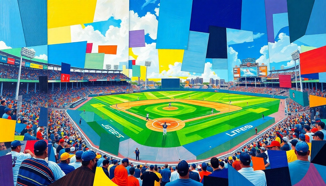 A cubist, geometric painting with overlapping planes of bright colors representing the dynamic action of a baseball game, conveying the energy and excitement of the Marlins' late-inning rally.