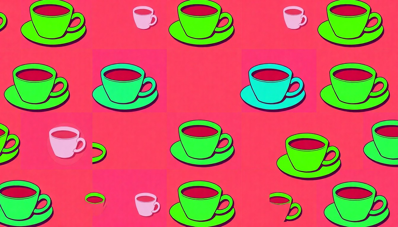 A highly stylized, abstract grid of a single restaurant object such as a coffee cup or plate, rendered in a bold, neon color palette with heavy black outlines, conceptually representing the issues with cleanliness and food handling uncovered during recent failed health inspections.