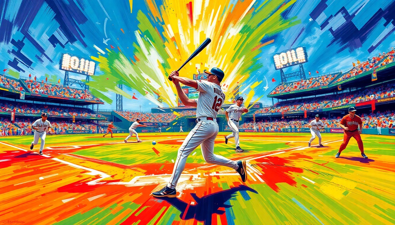 An abstract, expressionist painting in vibrant neon colors, capturing the dynamic motion and energy of baseball players on the field, with the stadium's architecture faintly visible in the background.