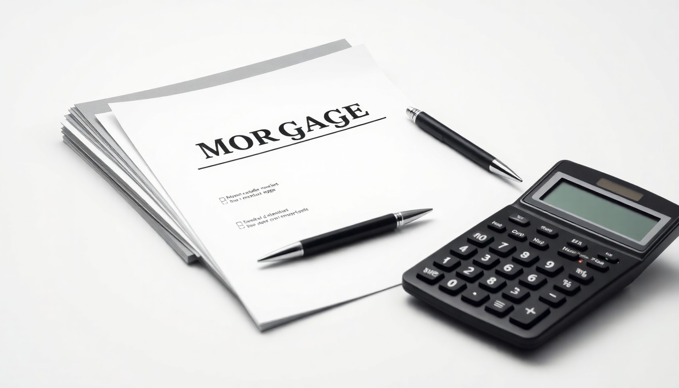 A photorealistic studio still-life image featuring a stack of mortgage documents, a pen, and a calculator arranged on a clean, monochromatic background, conceptually representing the financial and operational aspects of the mortgage industry.