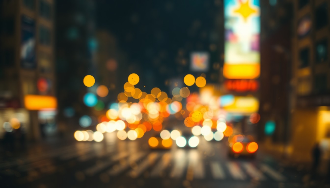 An abstract, impressionistic photograph of a busy city street intersection at night, with blurred streetlights and traffic signals creating a warm, atmospheric glow, conceptually representing the need for improved pedestrian safety measures.