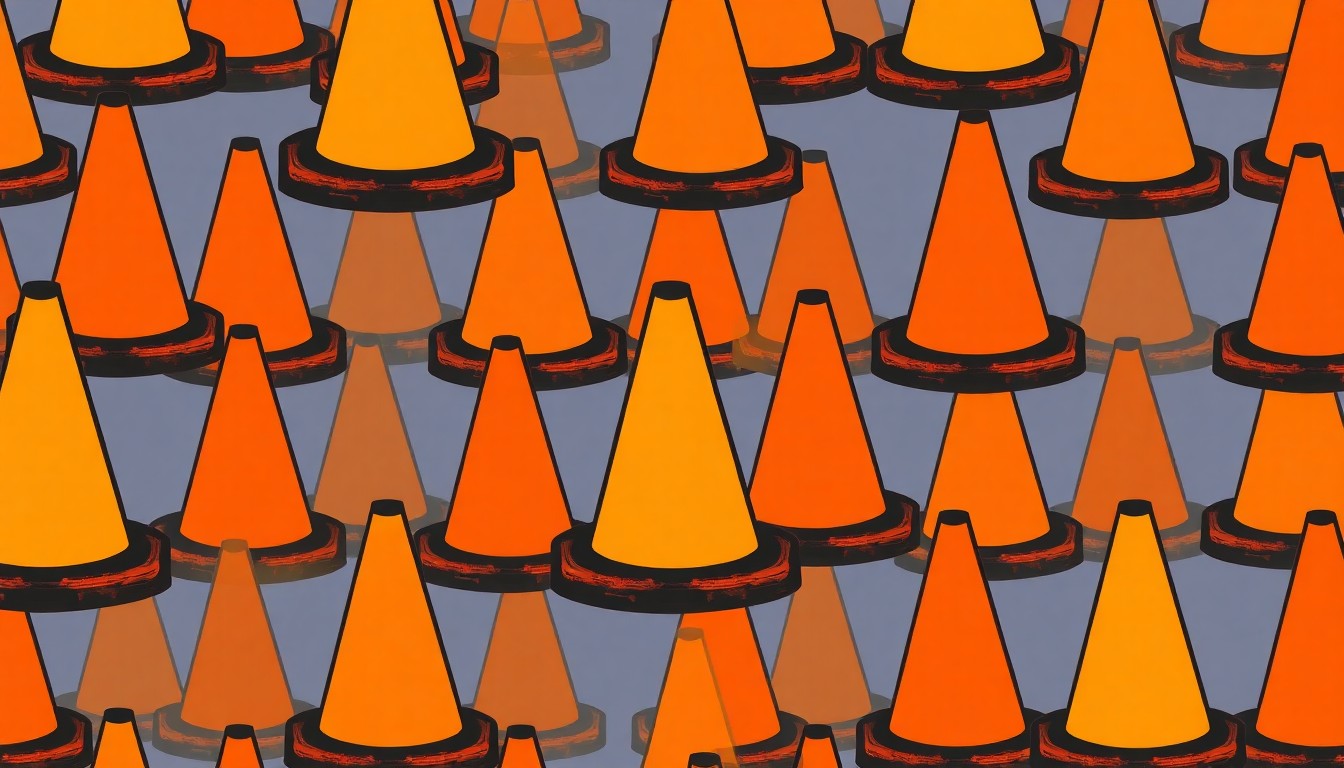 A highly stylized, silkscreen-inspired illustration featuring a repeating pattern of a bright orange road construction cone in a grid, conceptually representing the upcoming road repairs in Peabody.