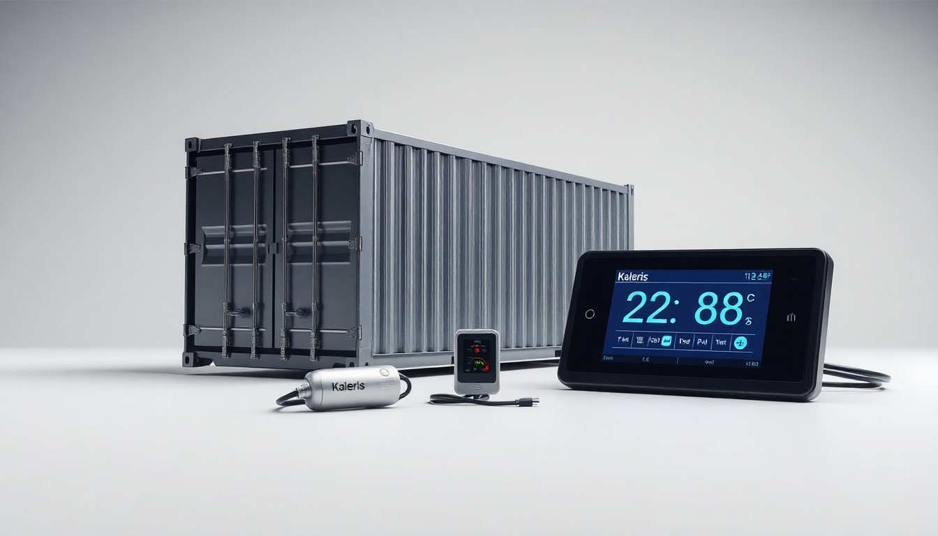 A high-end, photorealistic studio still-life photograph featuring a polished metal and glass cargo container model, a temperature sensor, and a digital display screen, all arranged elegantly on a clean, monochromatic background to symbolize the integration of Kaleris' transportation, yard, and cold chain management solutions.