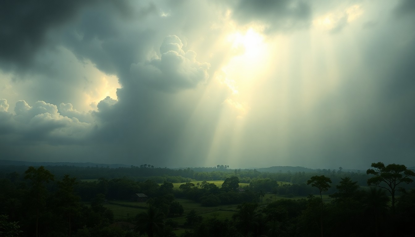 A vast, sweeping landscape painting in muted tones of gray, blue, and green, with heavy rain and dark clouds dominating the scene and dwarfing any visible structures or objects, conveying the sublime scale and power of the natural world.