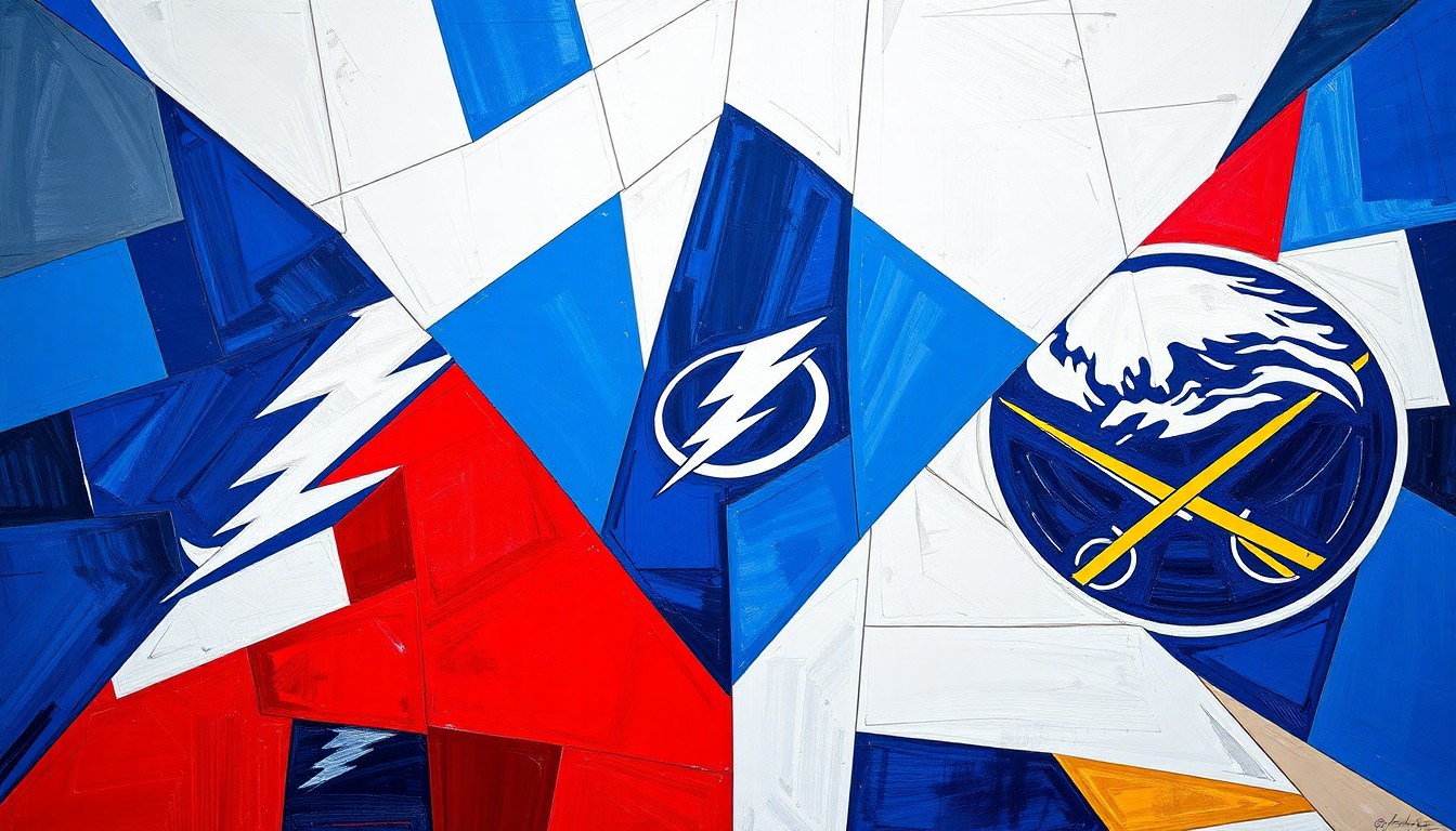 A fragmented, geometric painting depicting a hockey game, with sharp planes of blue, white, and red representing the teams' colors and the dynamic action on the ice.