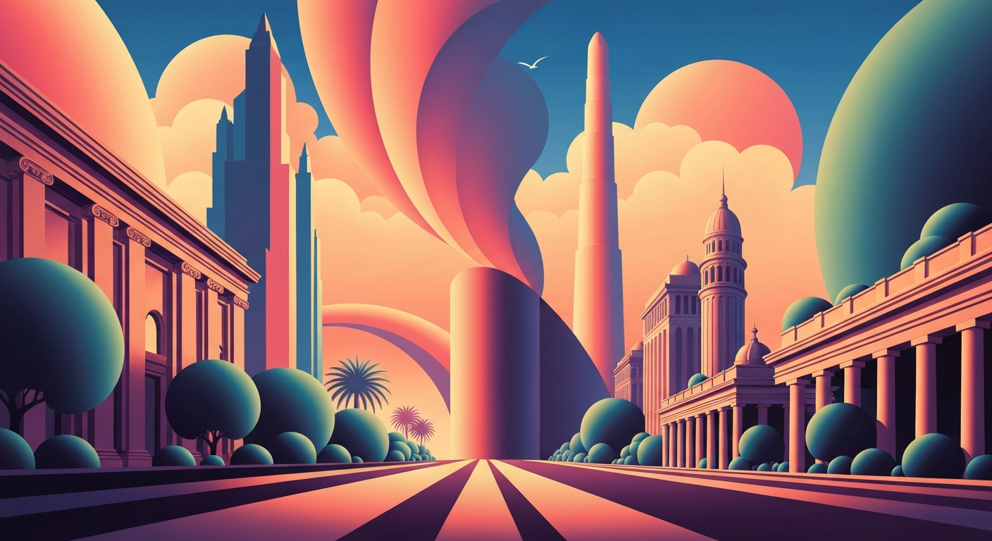 A highly stylized, geometric illustration depicting the sweeping, streamlined architecture of a modern hotel set against a backdrop of towering, airbrushed gradients in shades of blue and orange, conceptually representing the grand scale and romantic spirit of the new Hotel Corduroy in Montauk.