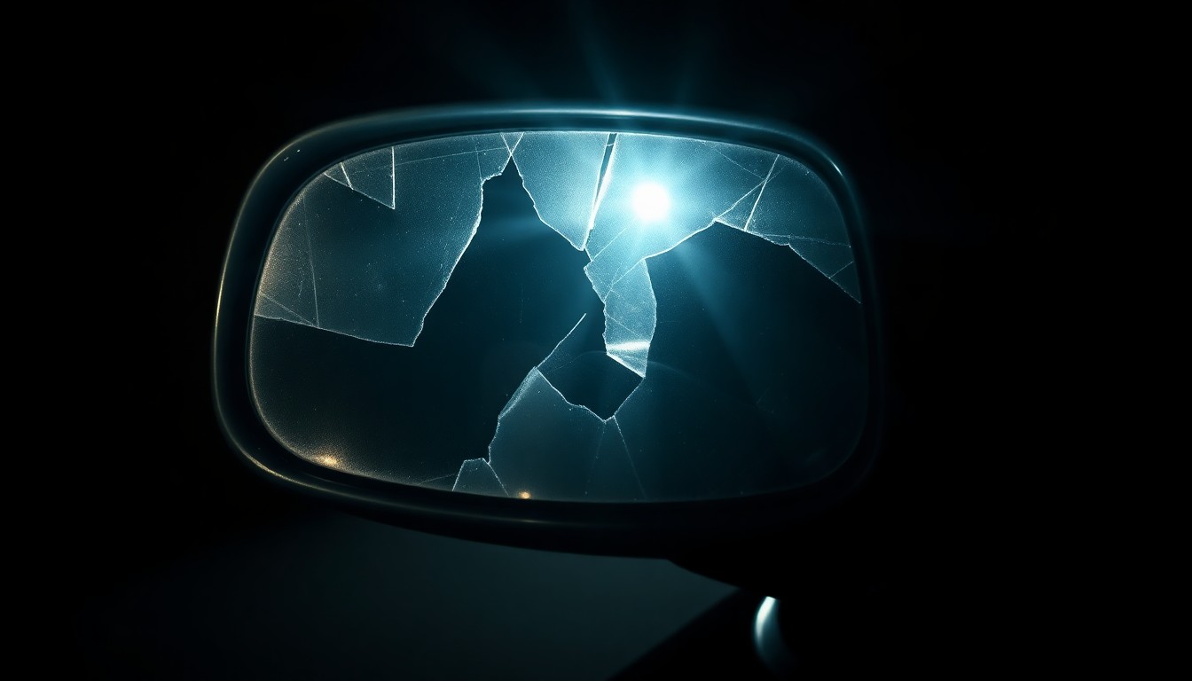 An extreme close-up photograph of a cracked and damaged side mirror from a car, capturing the gritty, investigative aesthetic of the Weegee photographic style.