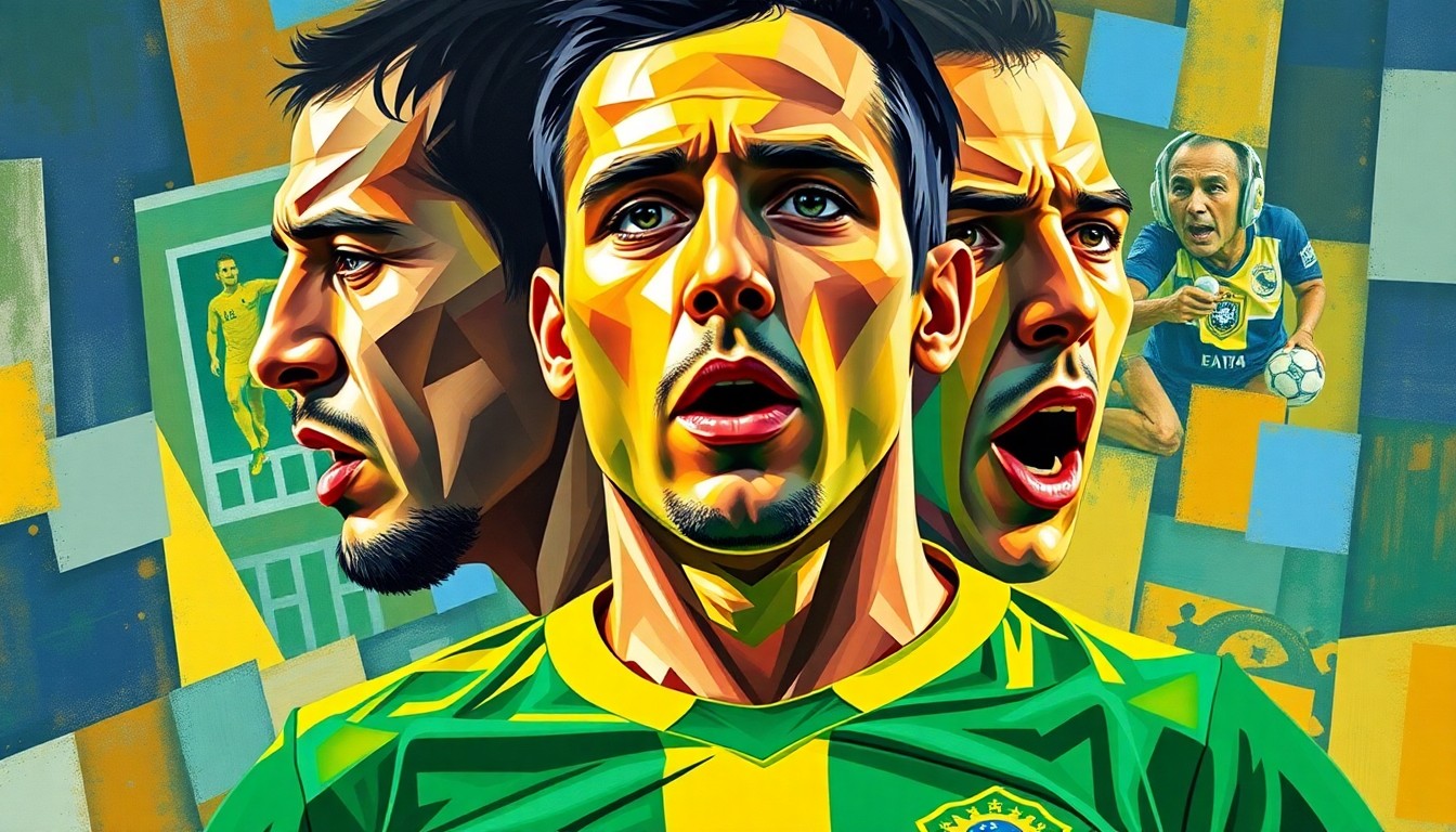 A fragmented, geometric painting in vibrant colors depicting a soccer player's movements, conceptually representing the difficulties Antony is facing in his recent performances.
