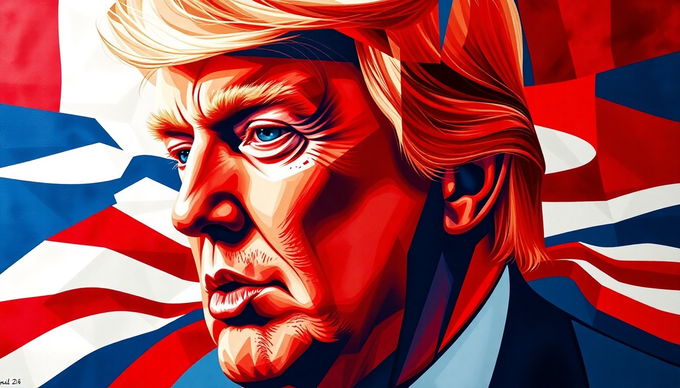 A fractured, abstract painting in red, white, and blue hues depicting an overlapping, geometric representation of Donald Trump's head, conveying a sense of political turbulence and fragmentation.