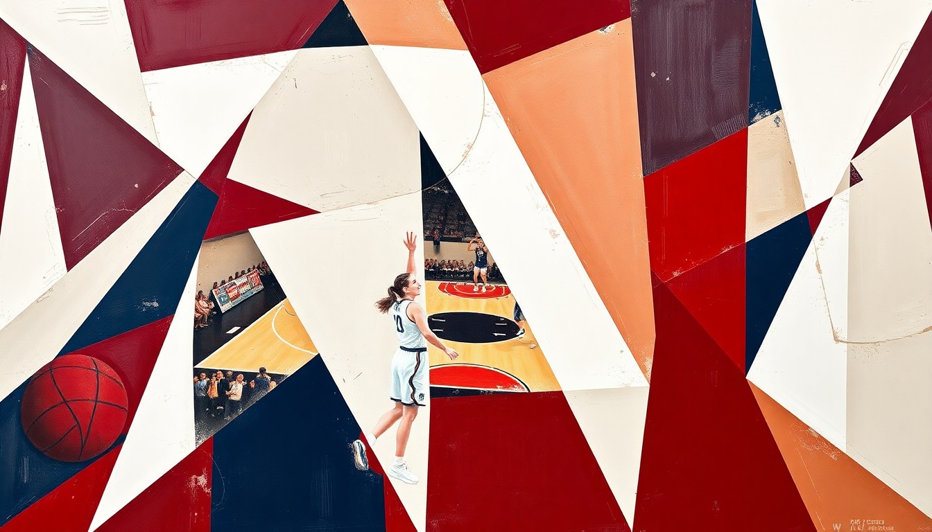 A cubist, geometric painting depicting a fragmented women's basketball game, with sharp, overlapping planes of maroon, white, and navy blue representing the dynamic action on the court.
